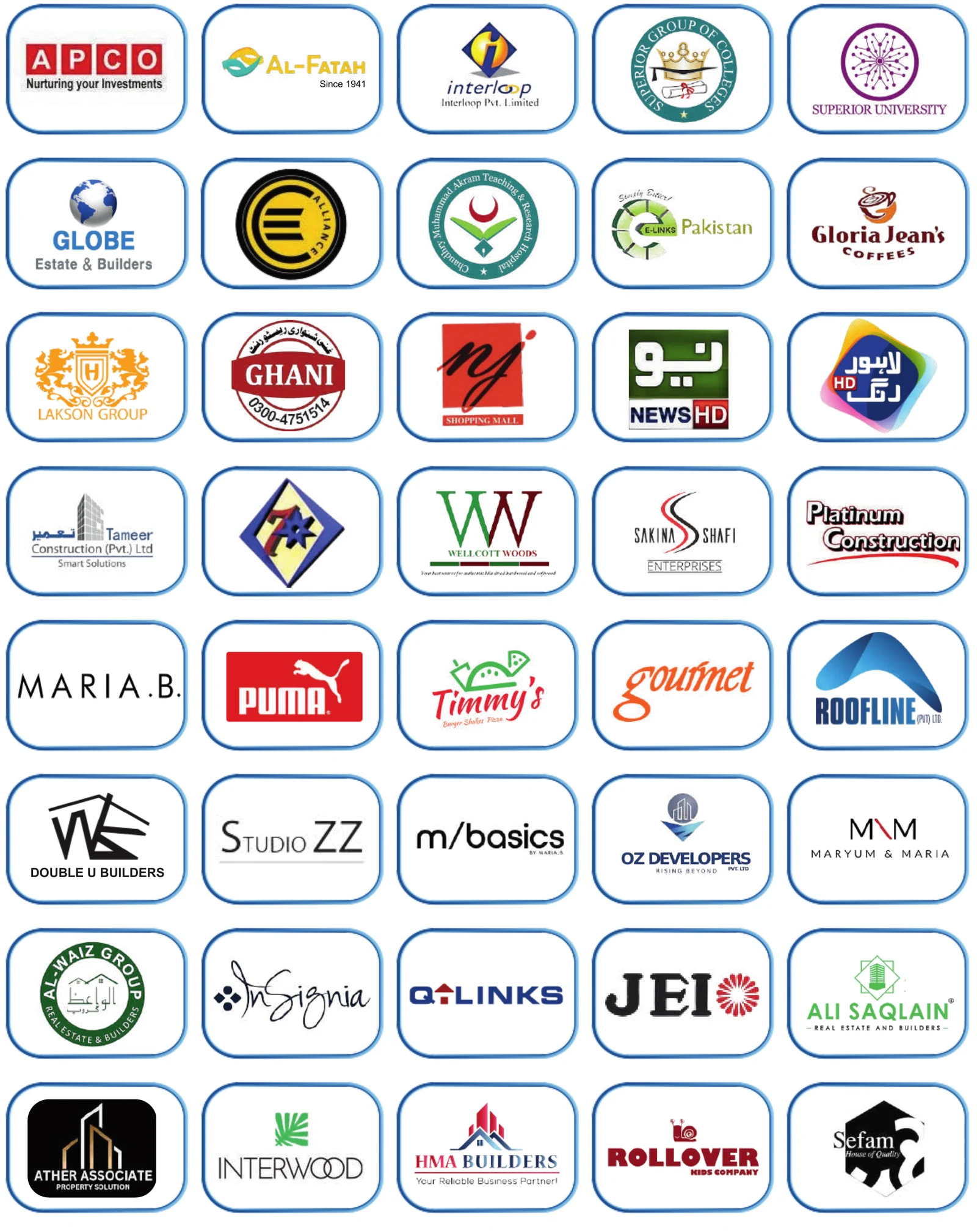Our Valuable Clients - brand logos including MARIA.B., PUMA, Al-Fatah, Interloop, Superior University, Gloria Jean’s Coffees, Gourmet and Interwood